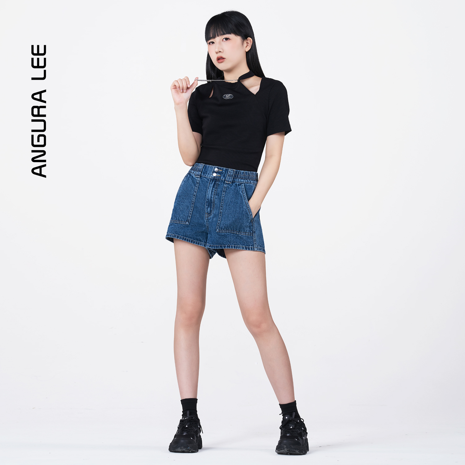 春夏經典水洗深藍松緊腰女裝牛仔高腰短褲